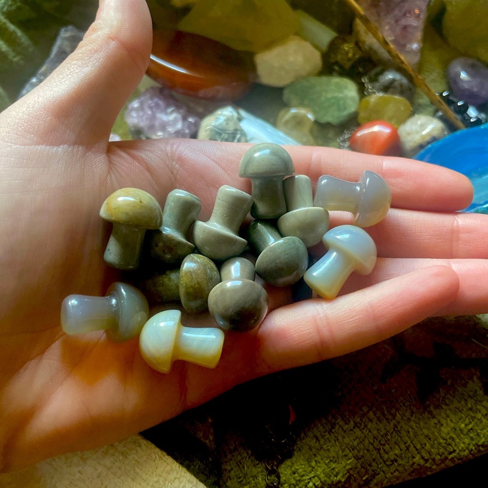 Tiny Green and Grey Crystal Mushrooms